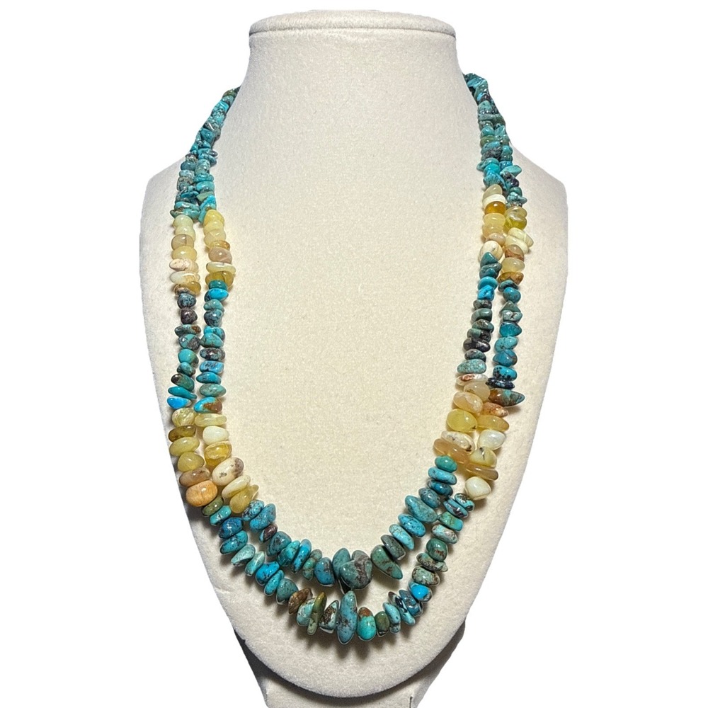 Jay King Turquoise Yellow Opal Sterling Silver Chip Two Strand Necklace J13-4